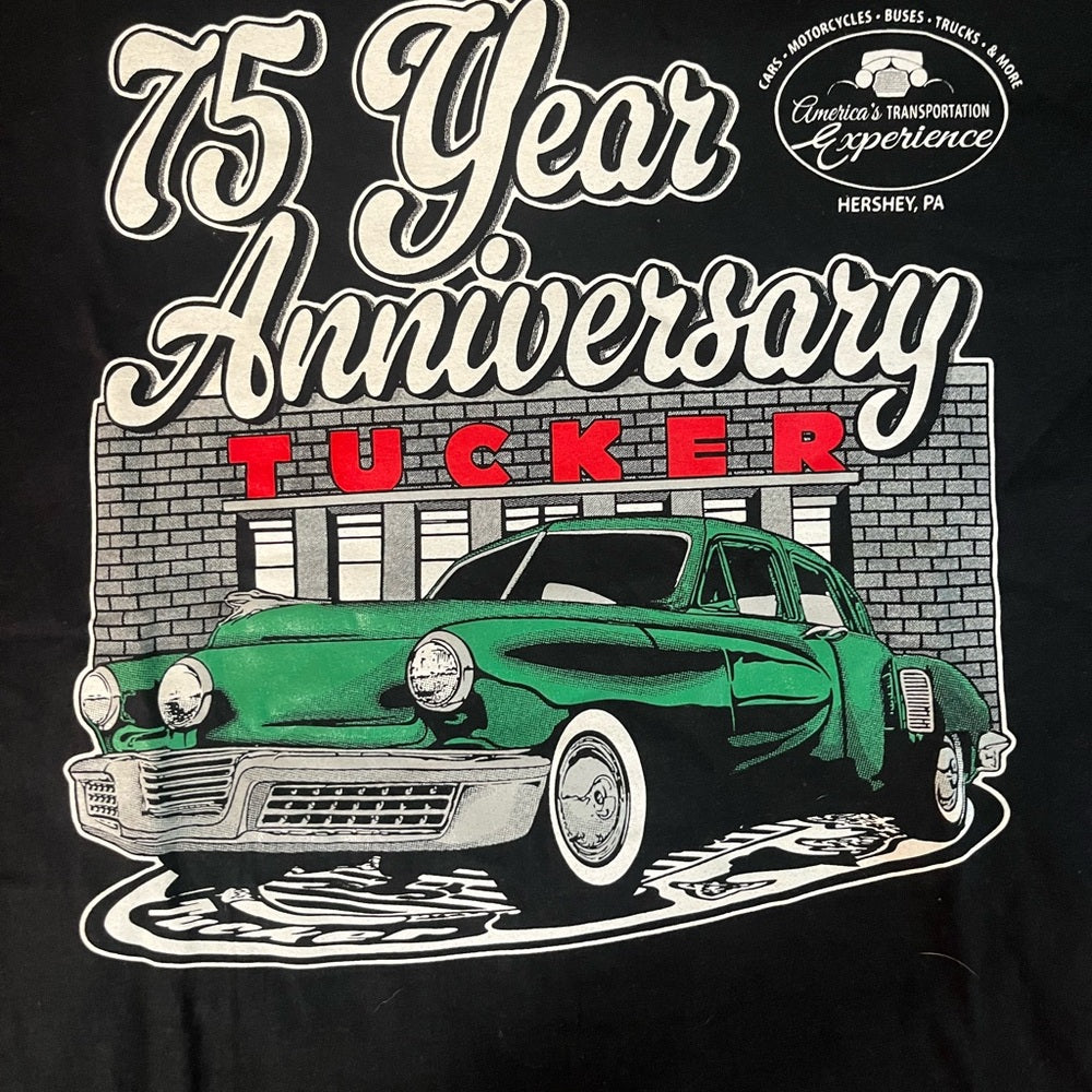 Black 75 Year Anniversary Tee with Green Hot Rod Design