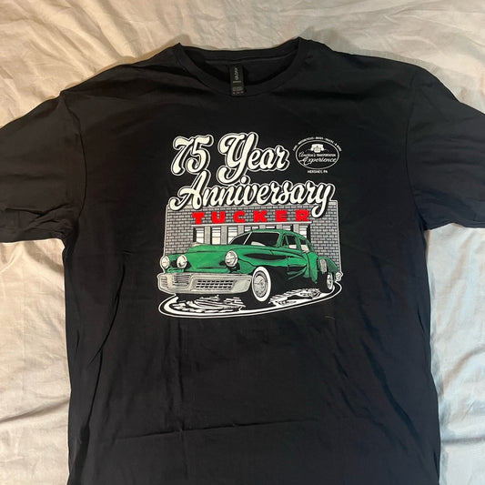 Black 75 Year Anniversary Tee with Green Hot Rod Design