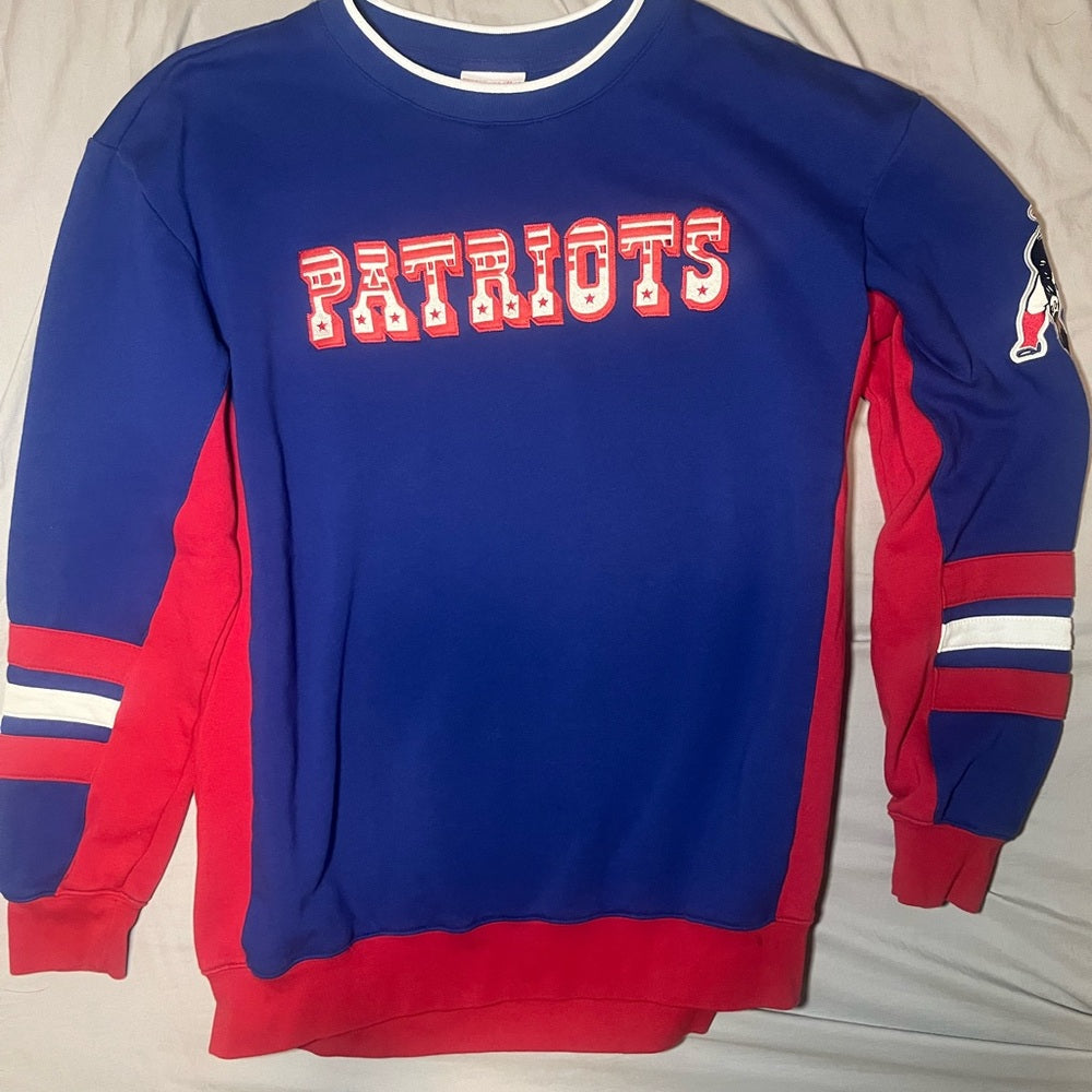 Mitchell & Ness Patriots Blue and Red Crewneck Sweater