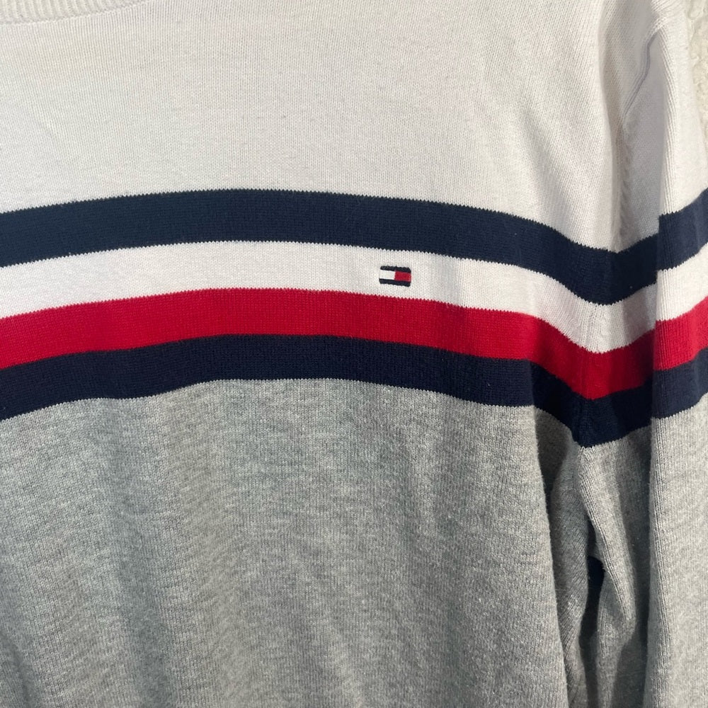 Tommy Hilfiger Men's White and Gray Sweater with Red and Blue Stripes
