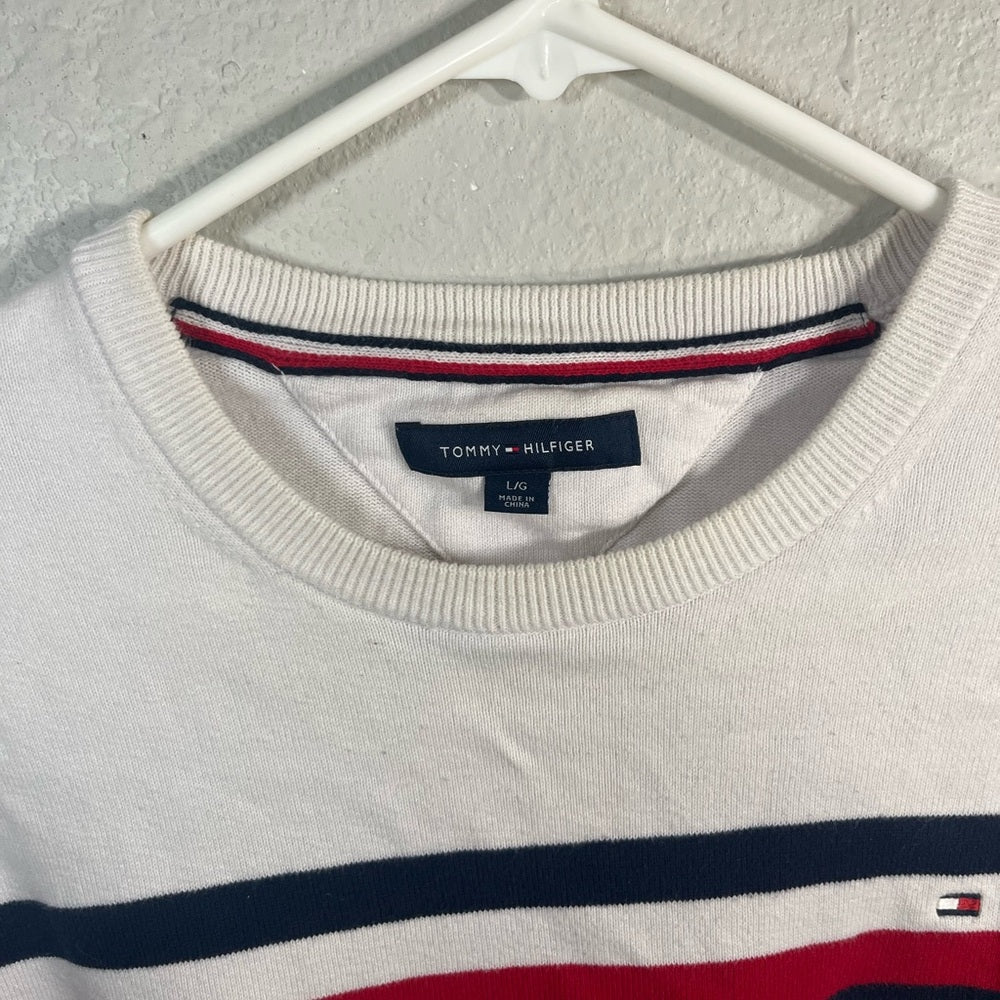 Tommy Hilfiger Men's White and Gray Sweater with Red and Blue Stripes