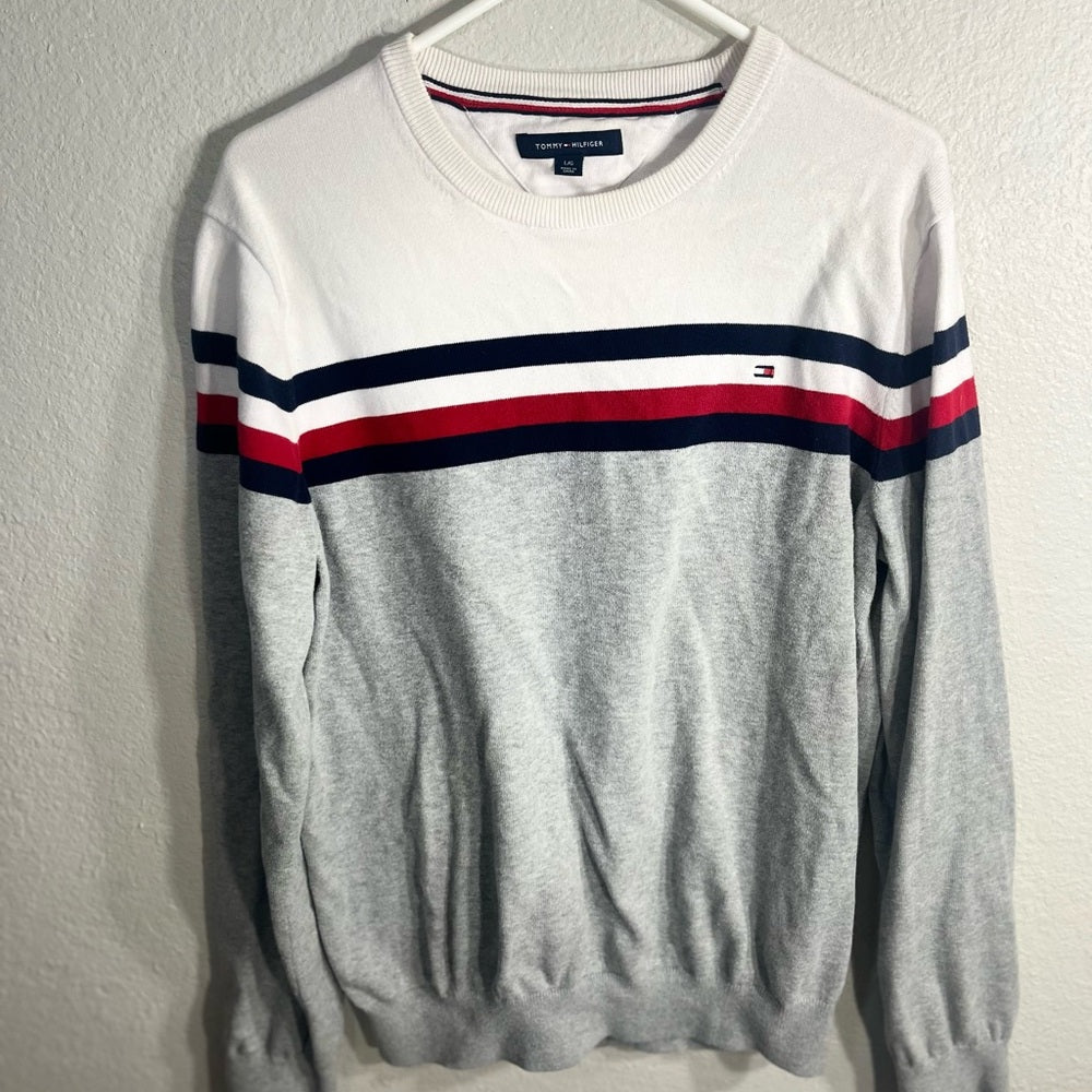 Tommy Hilfiger Men's White and Gray Sweater with Red and Blue Stripes