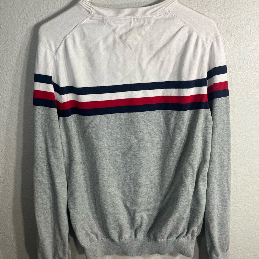 Tommy Hilfiger Men's White and Gray Sweater with Red and Blue Stripes