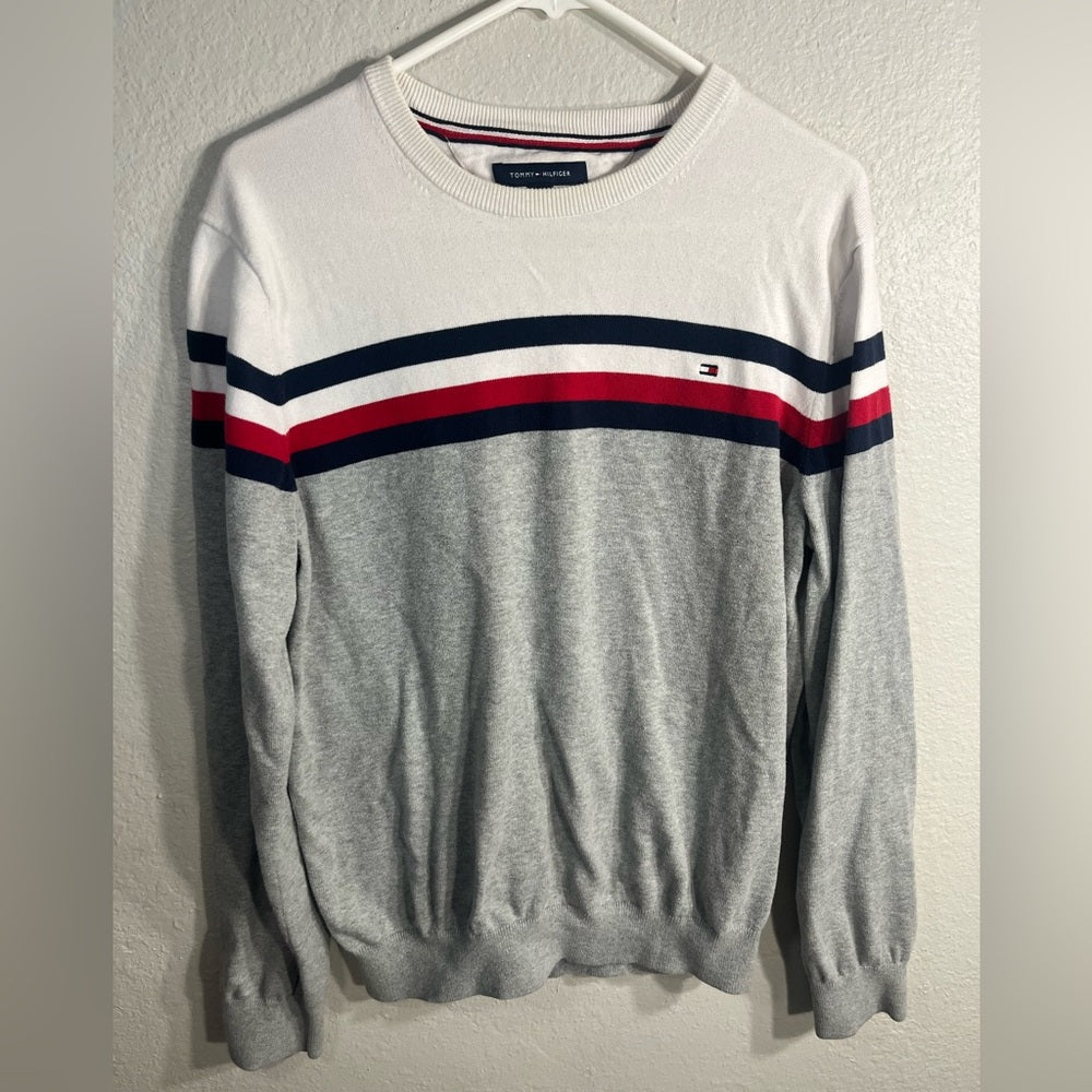 Tommy Hilfiger Men's White and Gray Sweater with Red and Blue Stripes