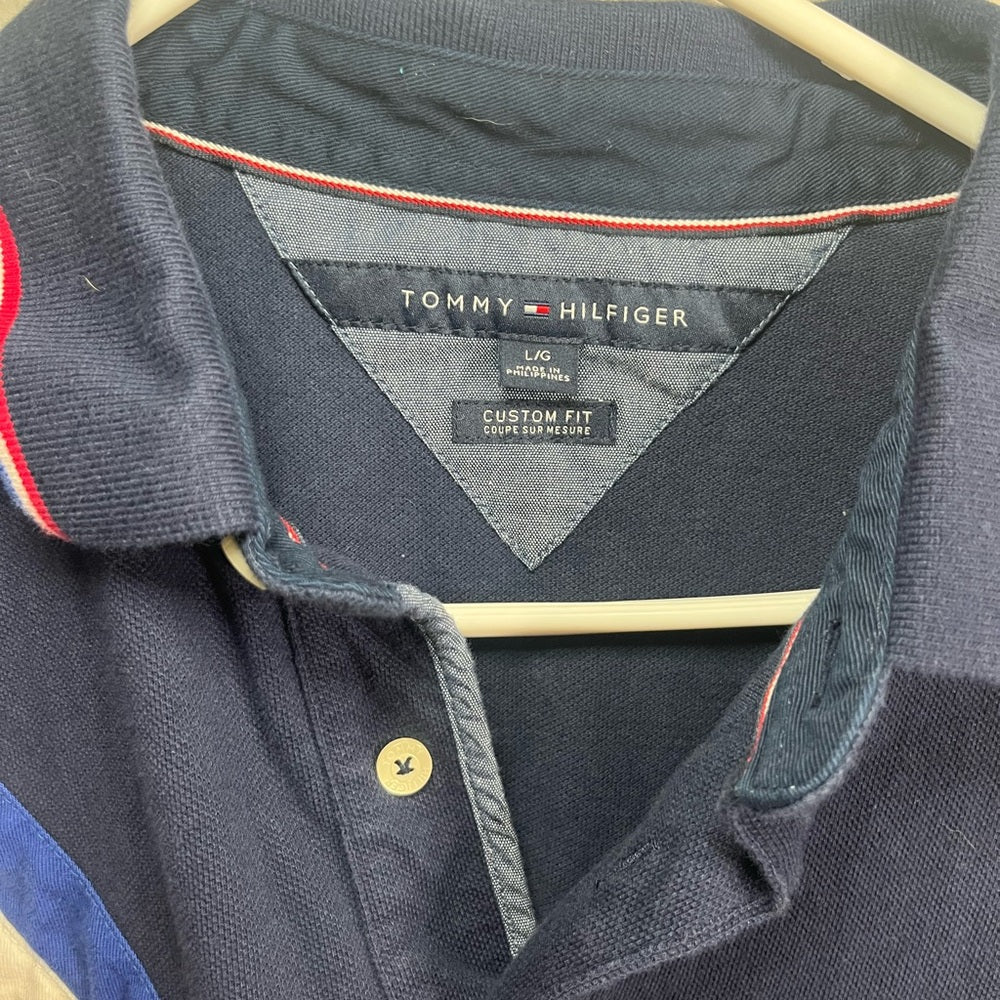 Tommy Hilfiger Men's Polo Shirt in Navy with Red, White, and Blue Stripes