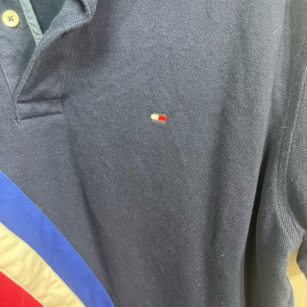 Tommy Hilfiger Men's Polo Shirt in Navy with Red, White, and Blue Stripes