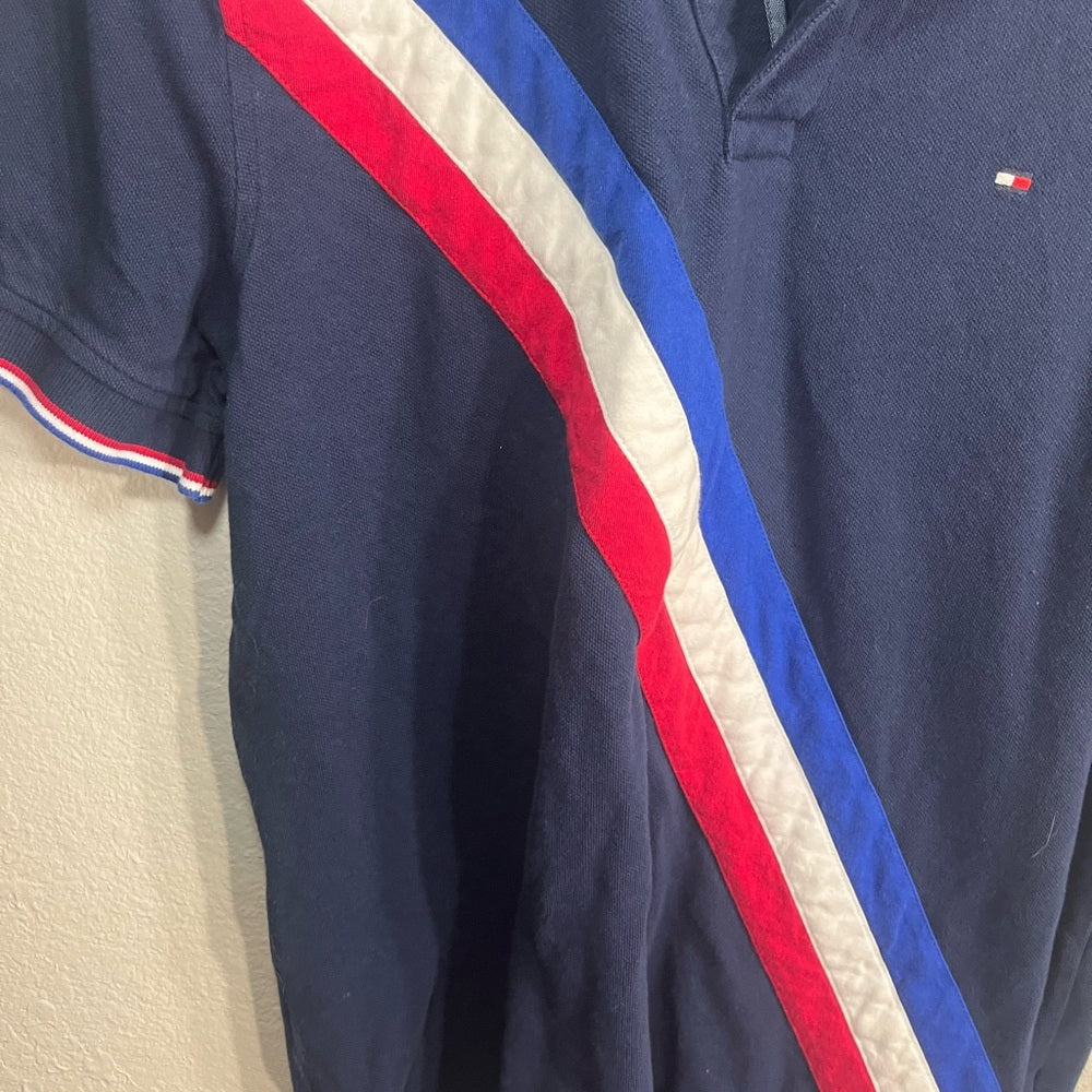 Tommy Hilfiger Men's Polo Shirt in Navy with Red, White, and Blue Stripes