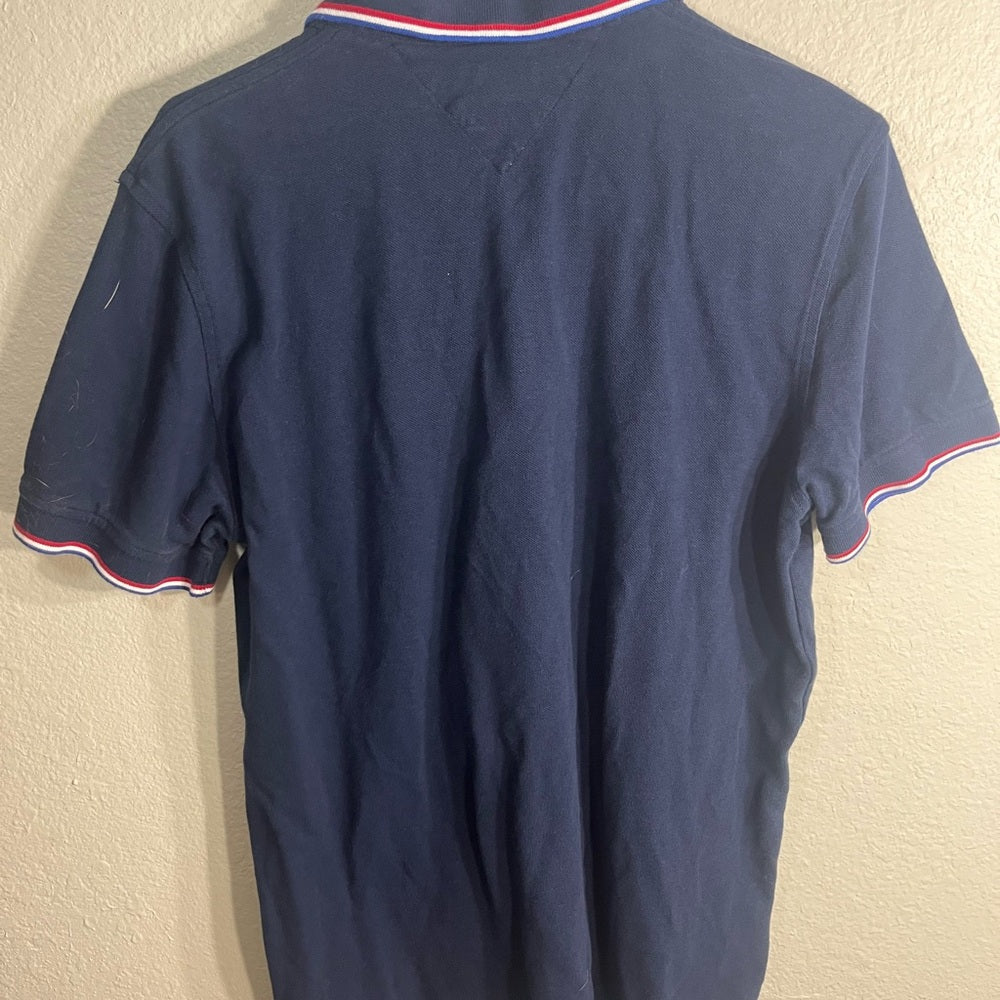 Tommy Hilfiger Men's Polo Shirt in Navy with Red, White, and Blue Stripes
