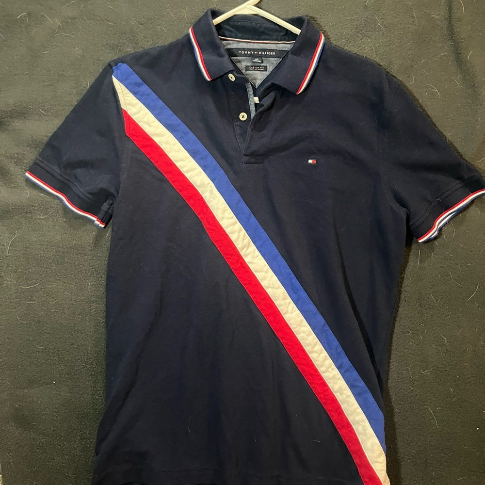 Tommy Hilfiger Men's Polo Shirt in Navy with Red, White, and Blue Stripes