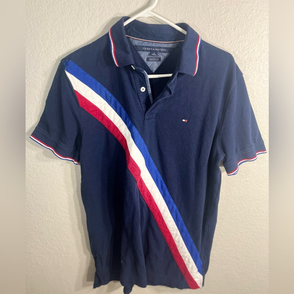 Tommy Hilfiger Men's Polo Shirt in Navy with Red, White, and Blue Stripes