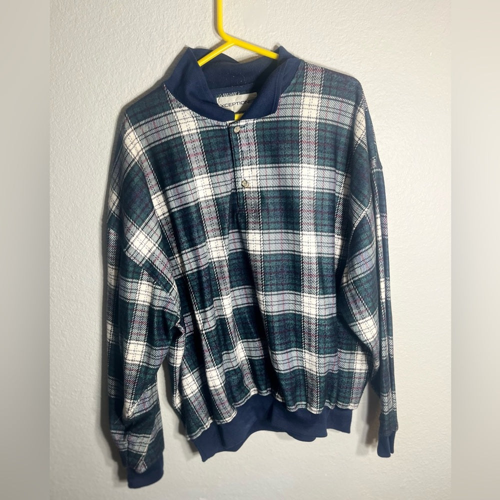 Men's Plaid Long Sleeve Polo - Blue, White and Green