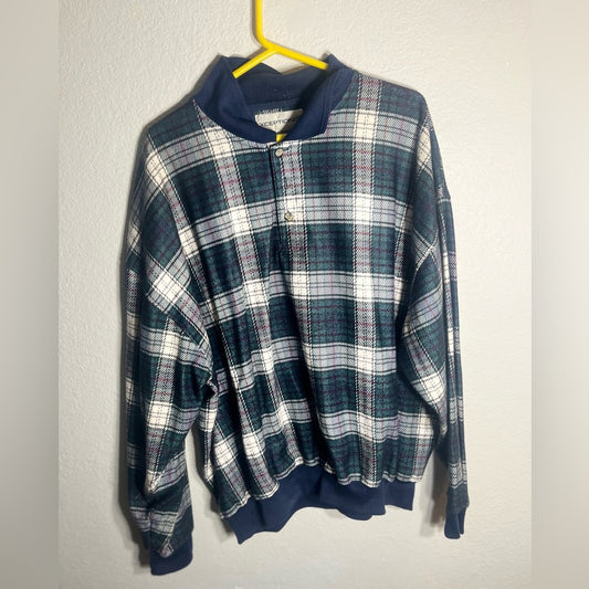 Men's Plaid Long Sleeve Polo - Blue, White and Green