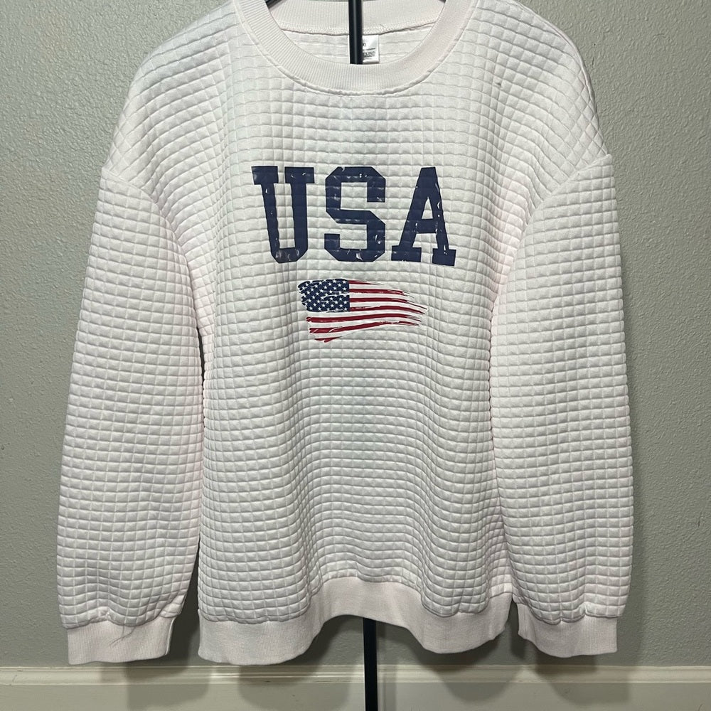 USA Flag Quilted Crew Neck Sweater - White