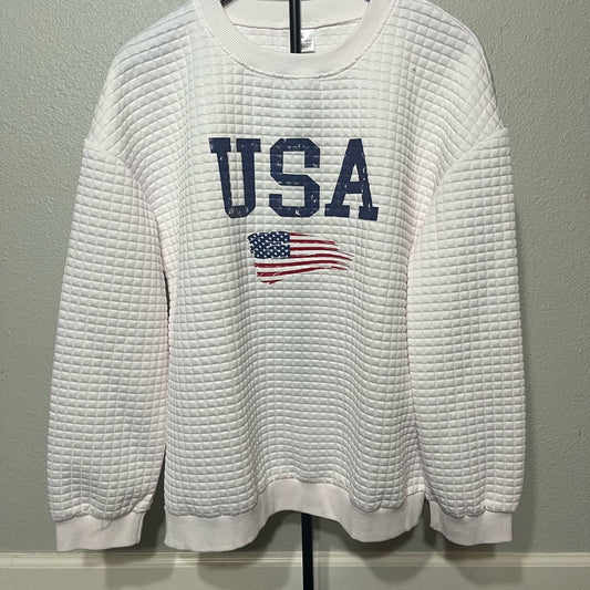 USA Flag Quilted Crew Neck Sweater - White