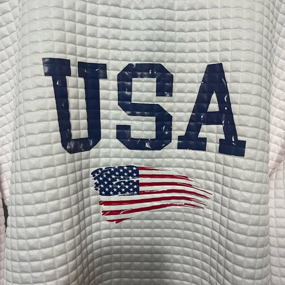USA Flag Quilted Crew Neck Sweater - White
