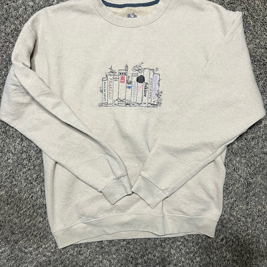 Vintage Fruit of the Loom Cream Crewneck Sweater with Book Design
