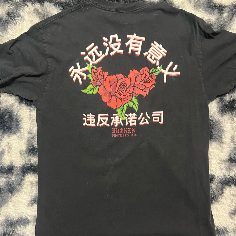 Black Tee with Red Rose Design