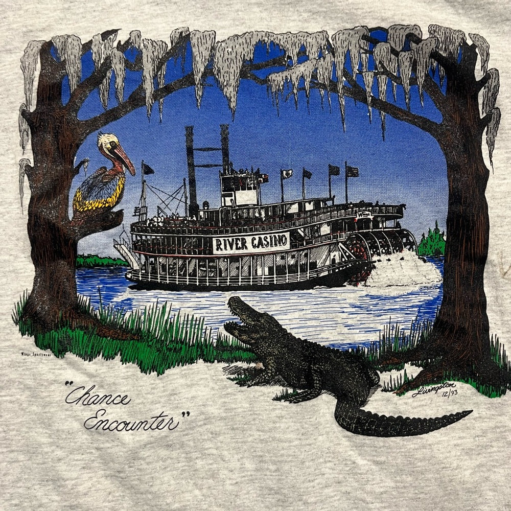 Hanes Light Gray T-Shirt with Riverboat and Wildlife Design