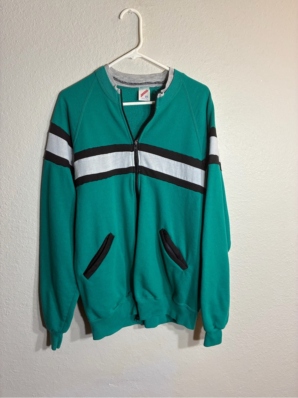 Jerzees Teal Zip-Up Sweatshirt with Black and Light Gray Stripes