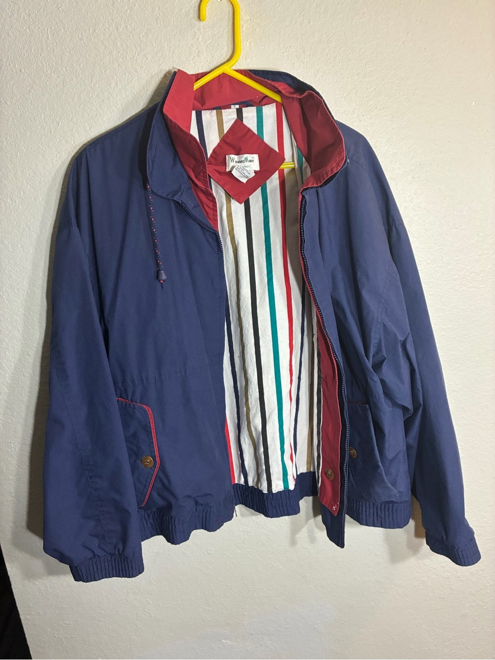 Vintage Men's Navy Raincoat with Red Trim by