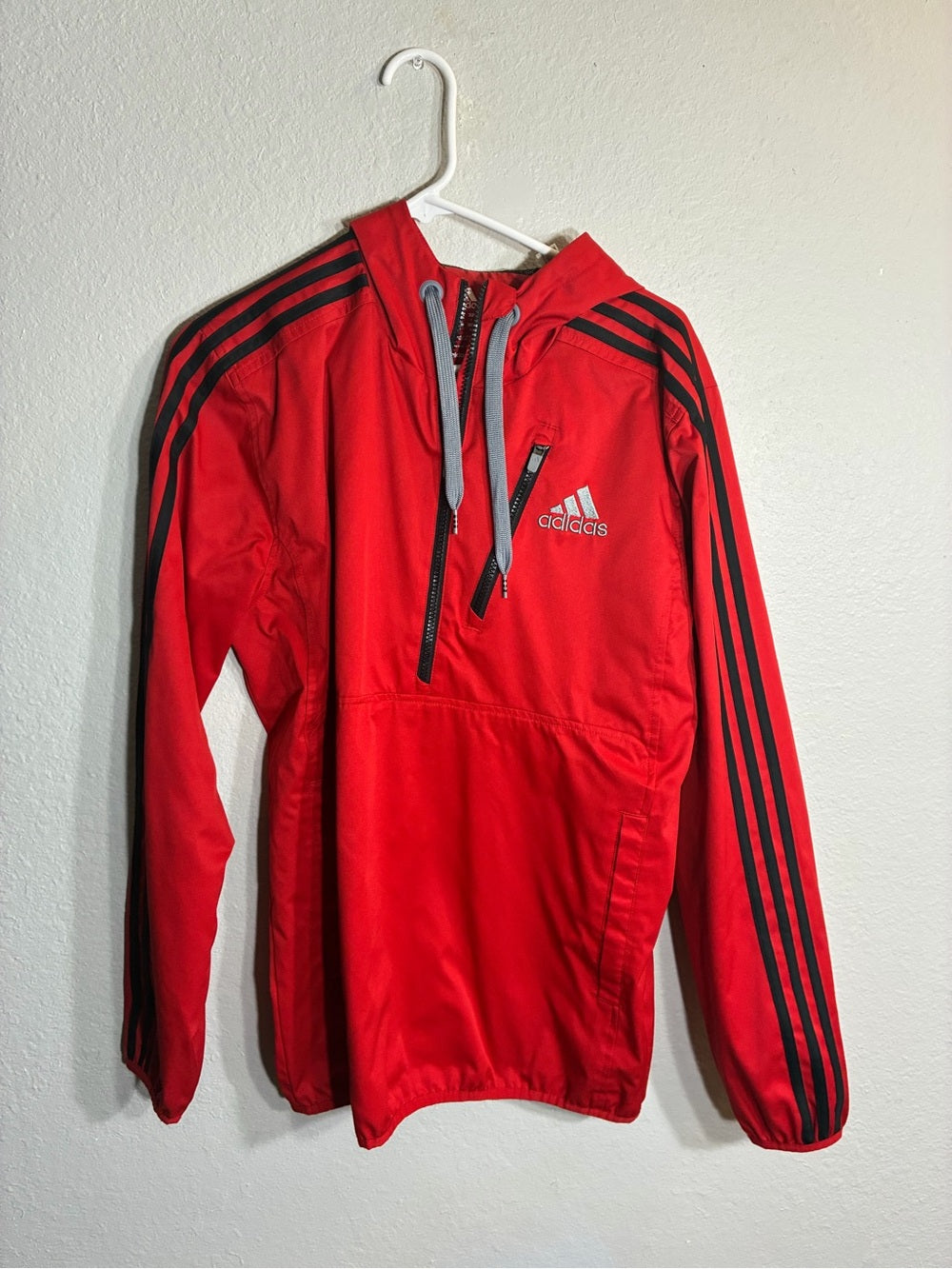 adidas Red Hooded Windbreaker with Black Stripe Detail - Quarter Zip