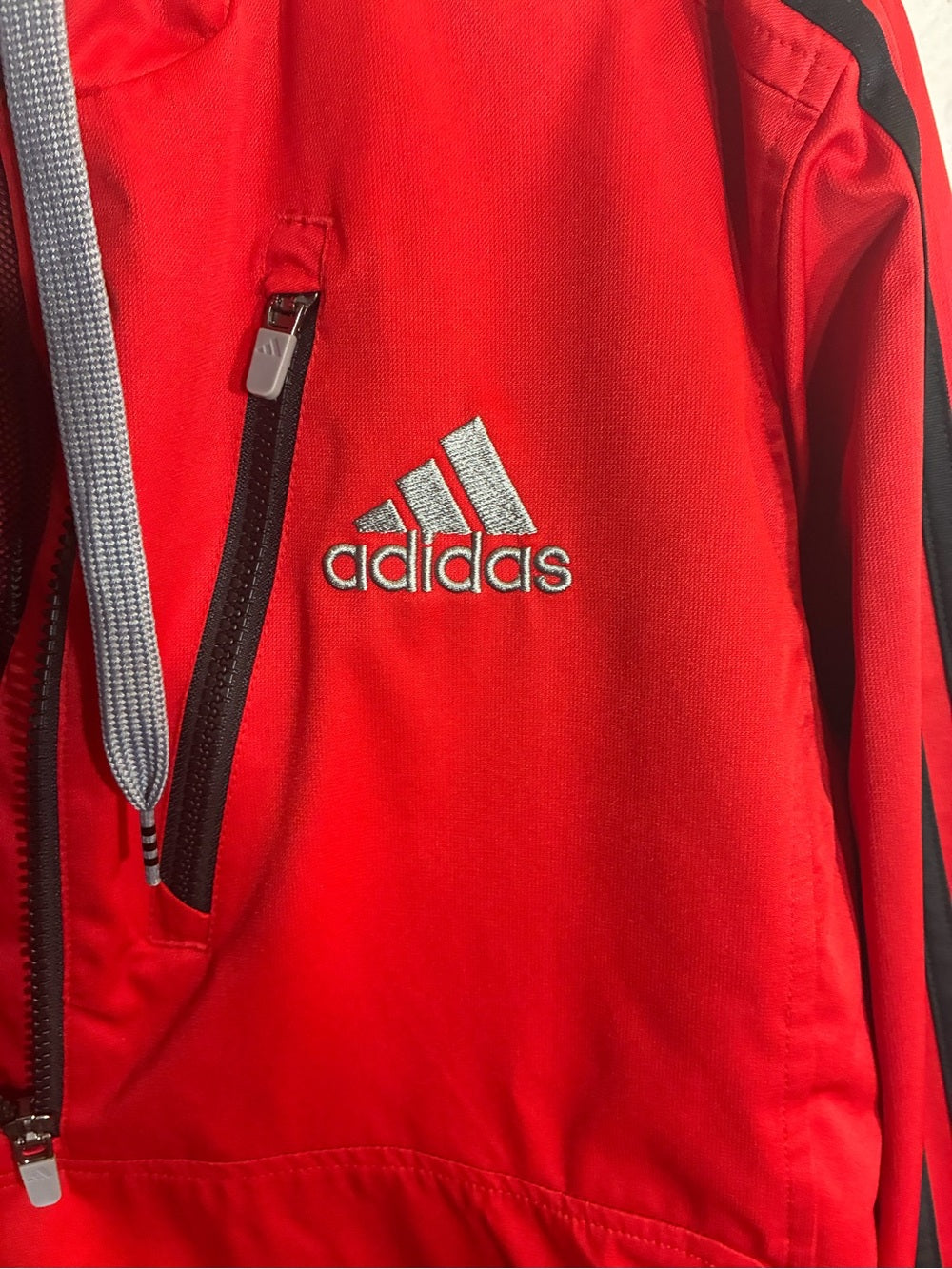 adidas Red Hooded Windbreaker with Black Stripe Detail - Quarter Zip