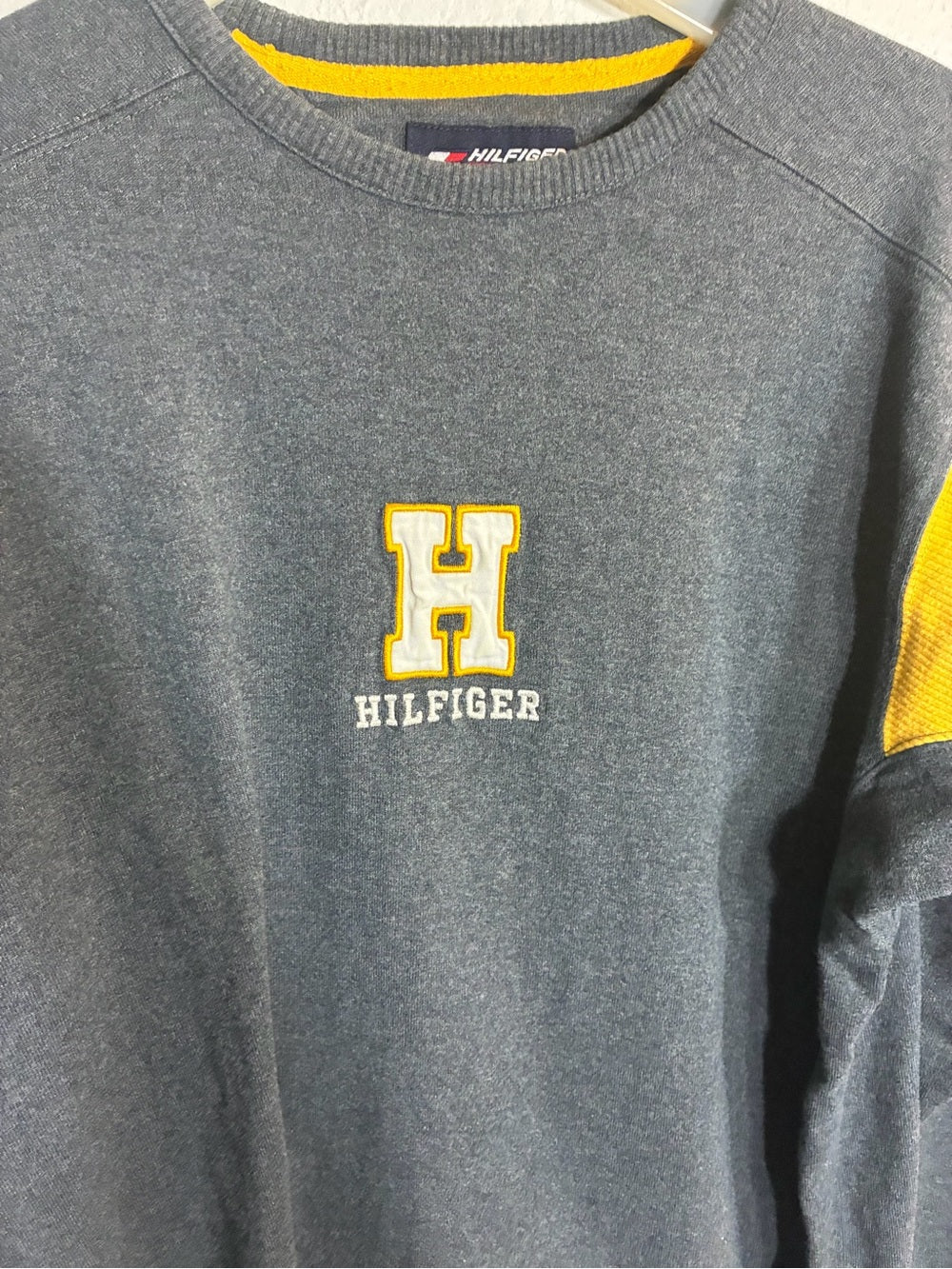 Tommy Hilfiger Gray Crewneck Sweater with Yellow Shoulder Panels