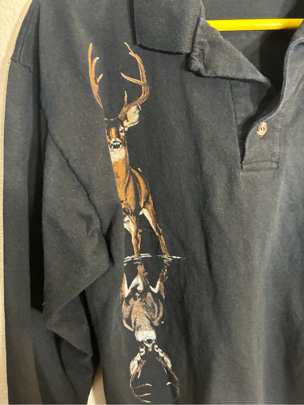 Vintage men’s Long-Sleeve Polo with Deer Graphic - Black