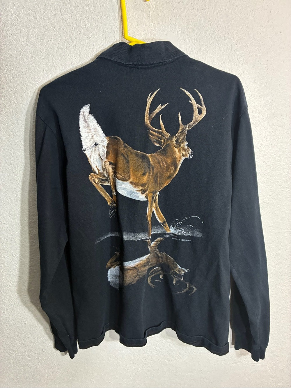 Vintage men’s Long-Sleeve Polo with Deer Graphic - Black