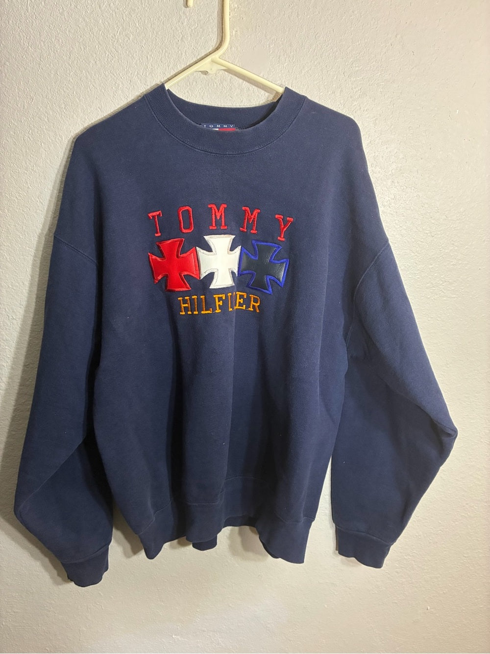 Vintage Tommy Hilfiger Navy Crewneck Sweater with Embroidered Crest