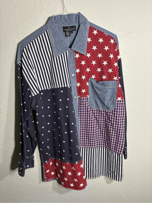 Carole Little Red, Navy & Denim Patchwork Button-Down Shirt