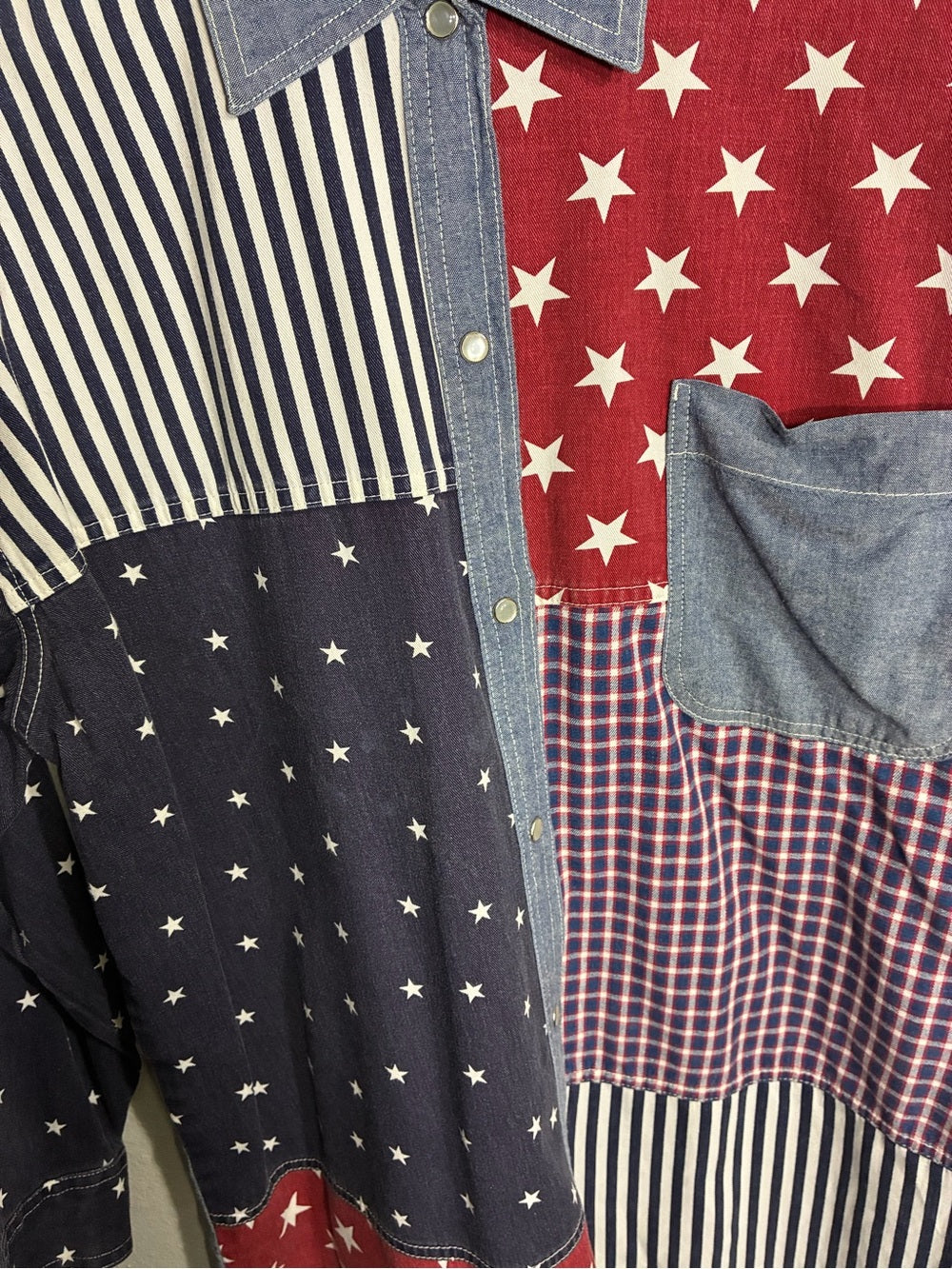 Carole Little Red, Navy & Denim Patchwork Button-Down Shirt