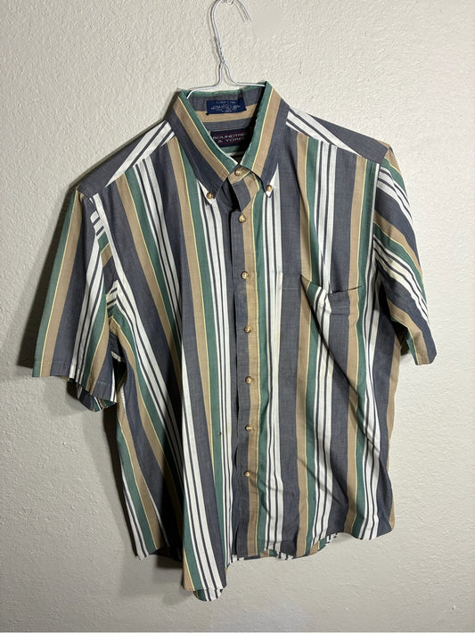 Roundtree & Yorke Short Sleeve Button-Down Stripe Shirt - Gray/Green/Tan/White