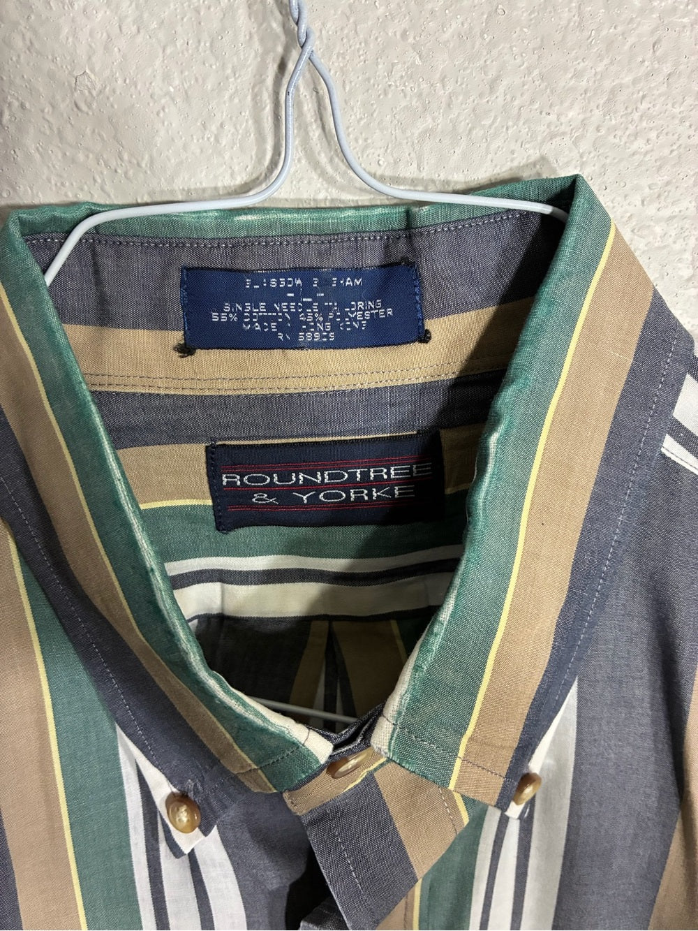 Roundtree & Yorke Short Sleeve Button-Down Stripe Shirt - Gray/Green/Tan/White