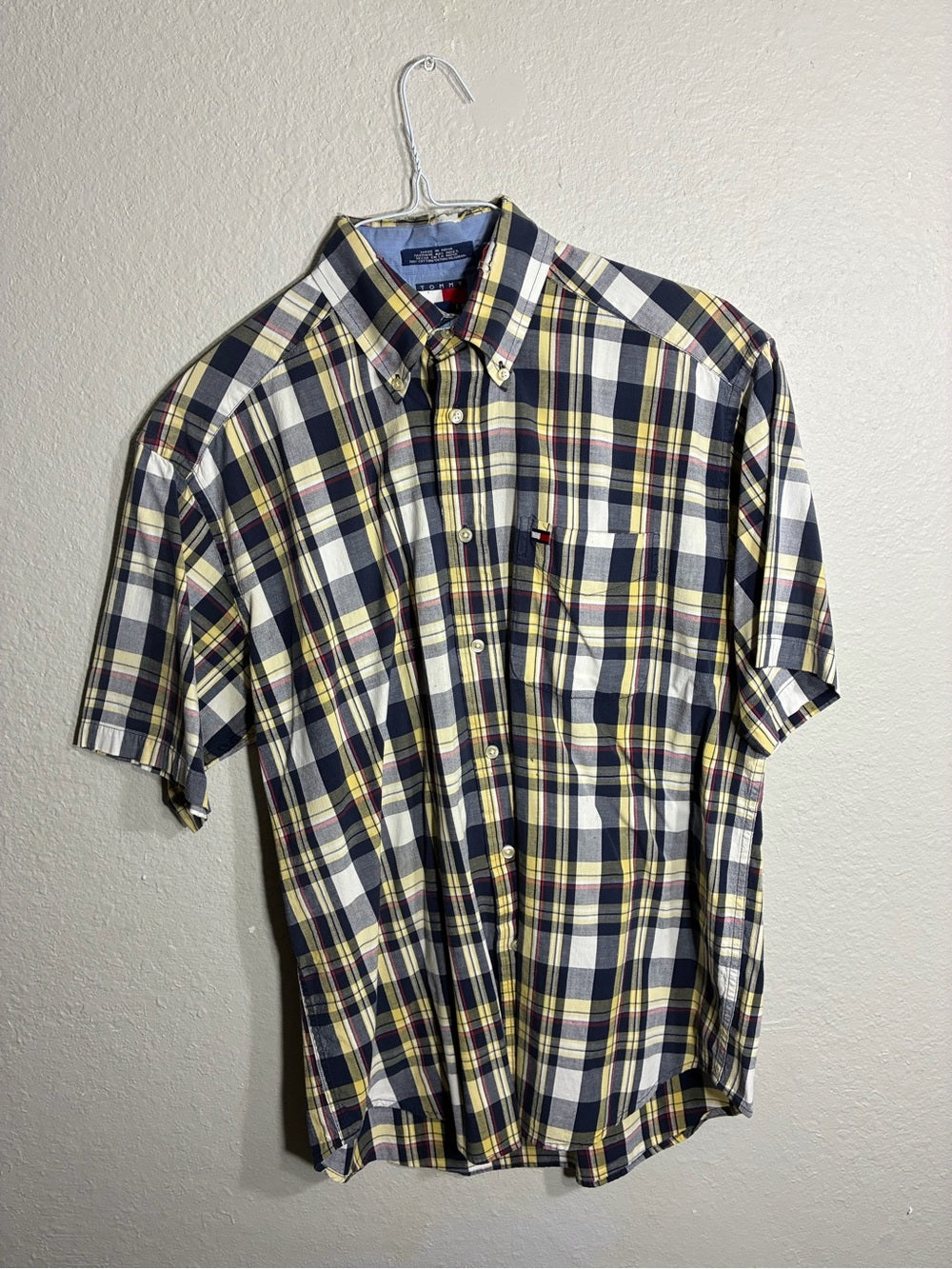 Tommy Hilfiger Navy, Yellow & White Plaid Short-Sleeve Button-Down Shirt