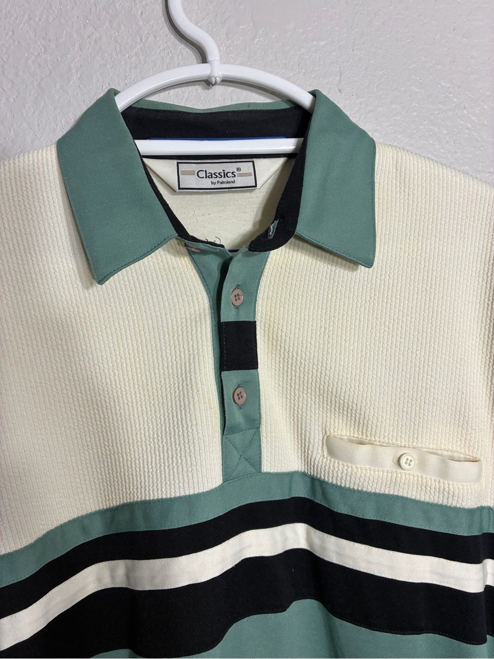 Vintage Green & Cream Striped Polo with Black Accents