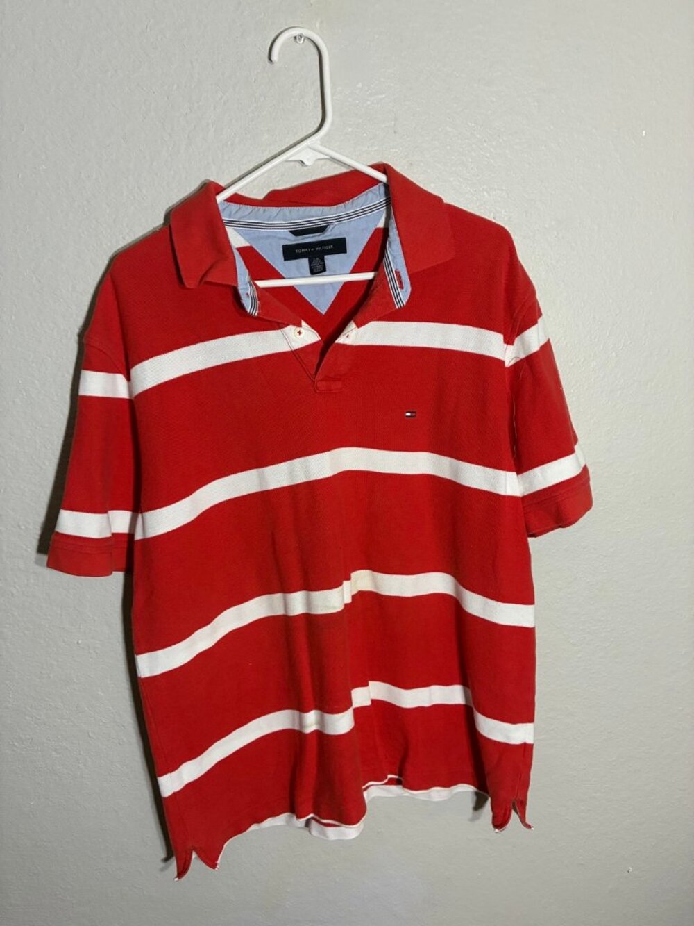 Tommy Hilfiger Striped Polo Shirt Mens Large Red White Preppy Y2K