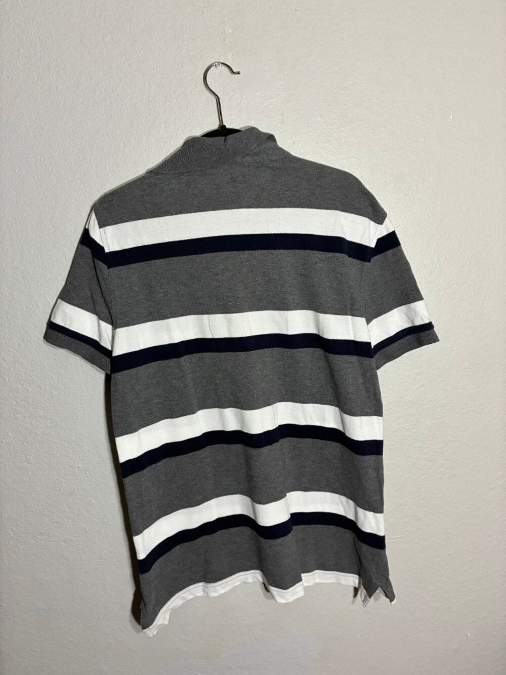 Tommy Hilfiger Striped Polo Shirt Mens Medium Grey White Navy Preppy