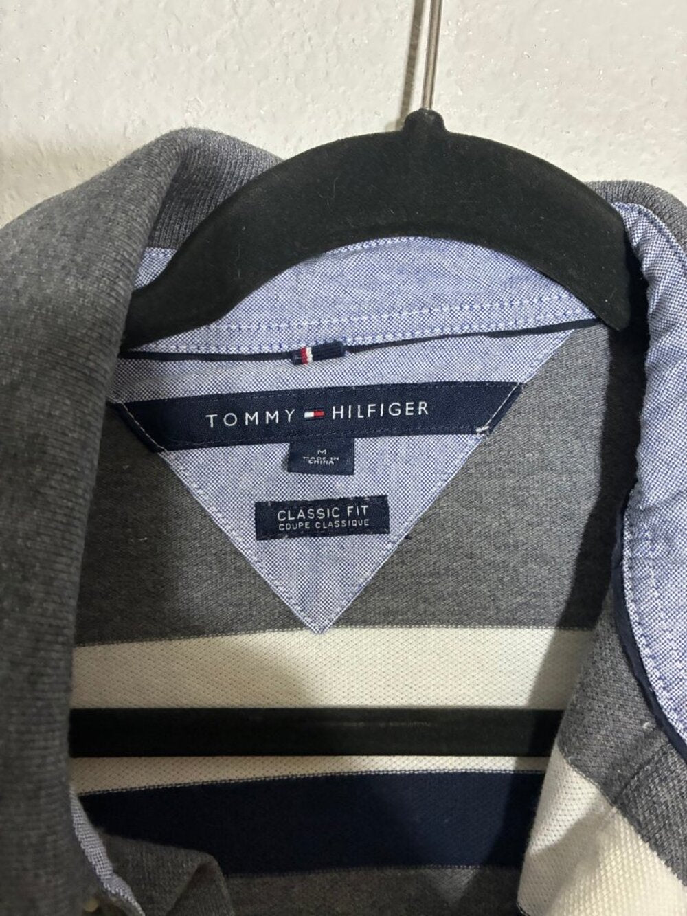 Tommy Hilfiger Striped Polo Shirt Mens Medium Grey White Navy Preppy