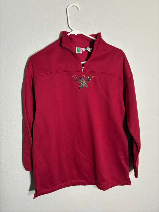 Vintage Bold Spirit Womens Small Red Holiday Quarter Zip Embroidered Floral
