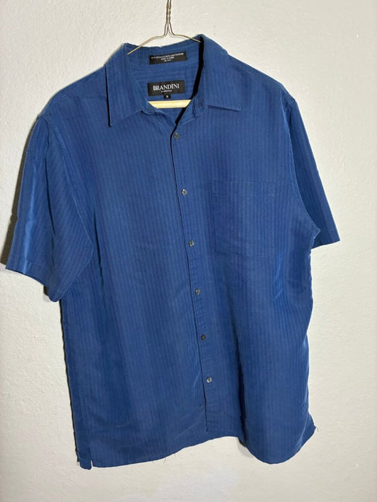 Vintage Brandini Button Up Shirt Mens Medium Blue Herringbone Short Sleeve
