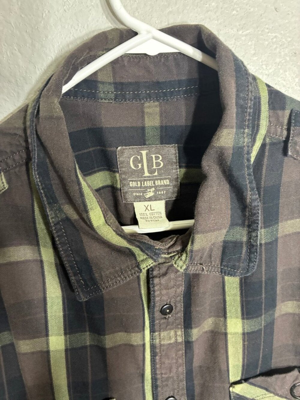 Gold Label Brand GLB Plaid Flannel Shirt Mens XL Brown Green Pockets