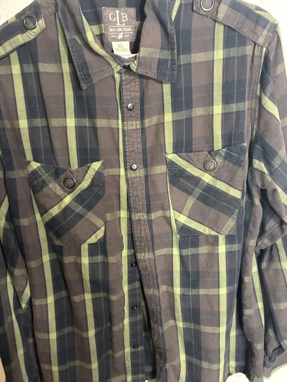 Gold Label Brand GLB Plaid Flannel Shirt Mens XL Brown Green Pockets