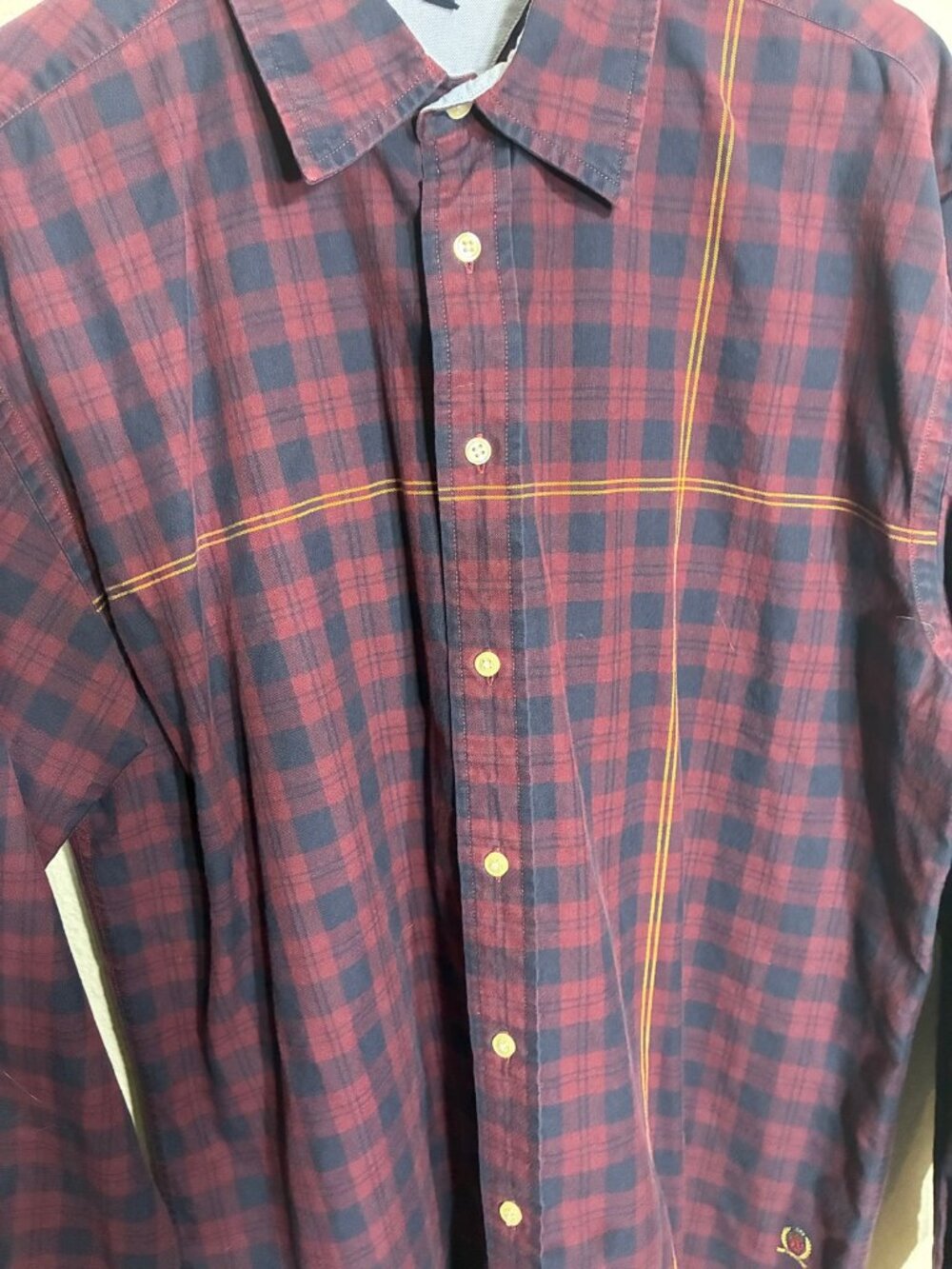 Tommy Hilfiger Plaid Button Up Shirt Mens L Maroon Navy Yellow Check