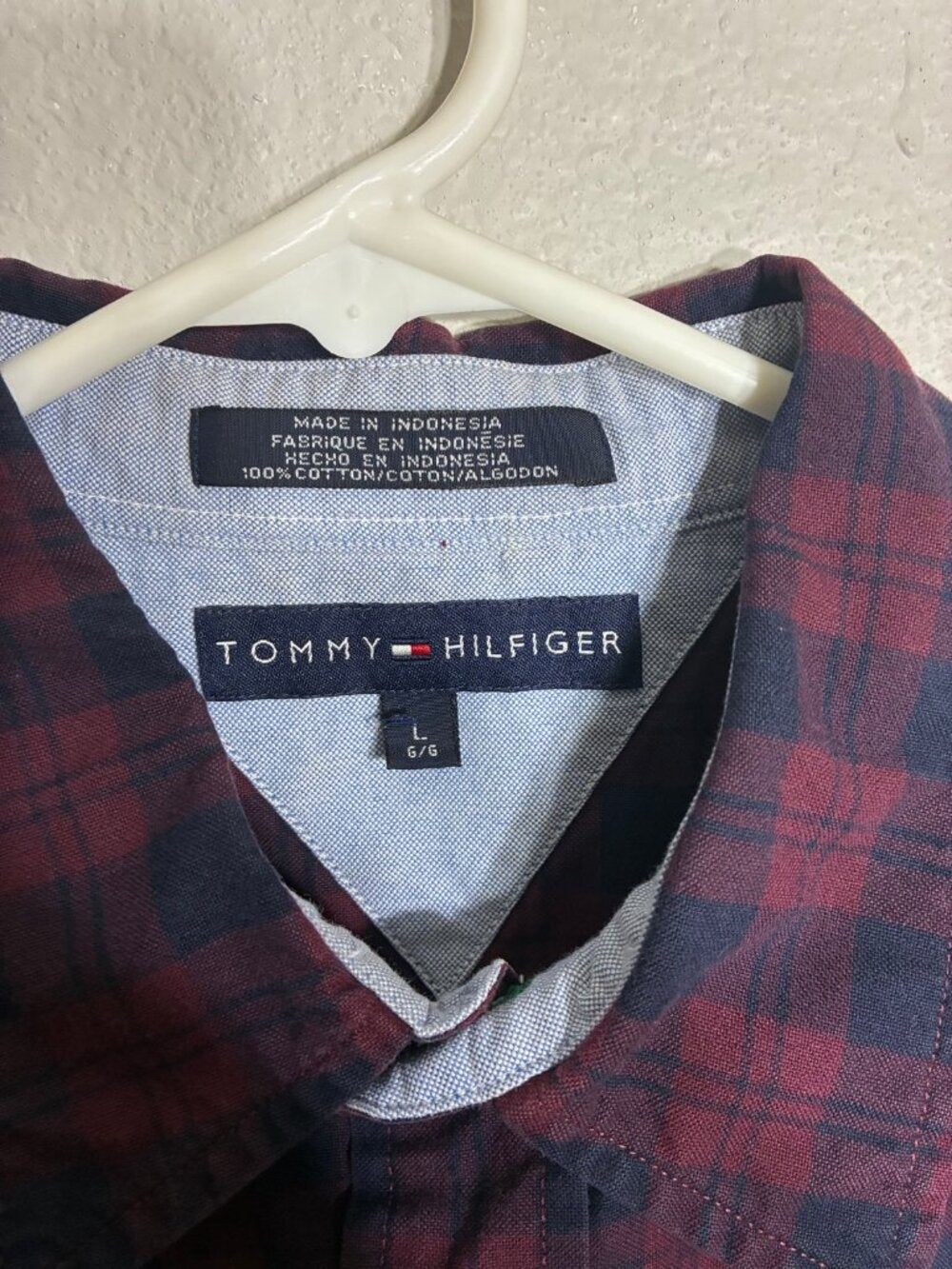 Tommy Hilfiger Plaid Button Up Shirt Mens L Maroon Navy Yellow Check