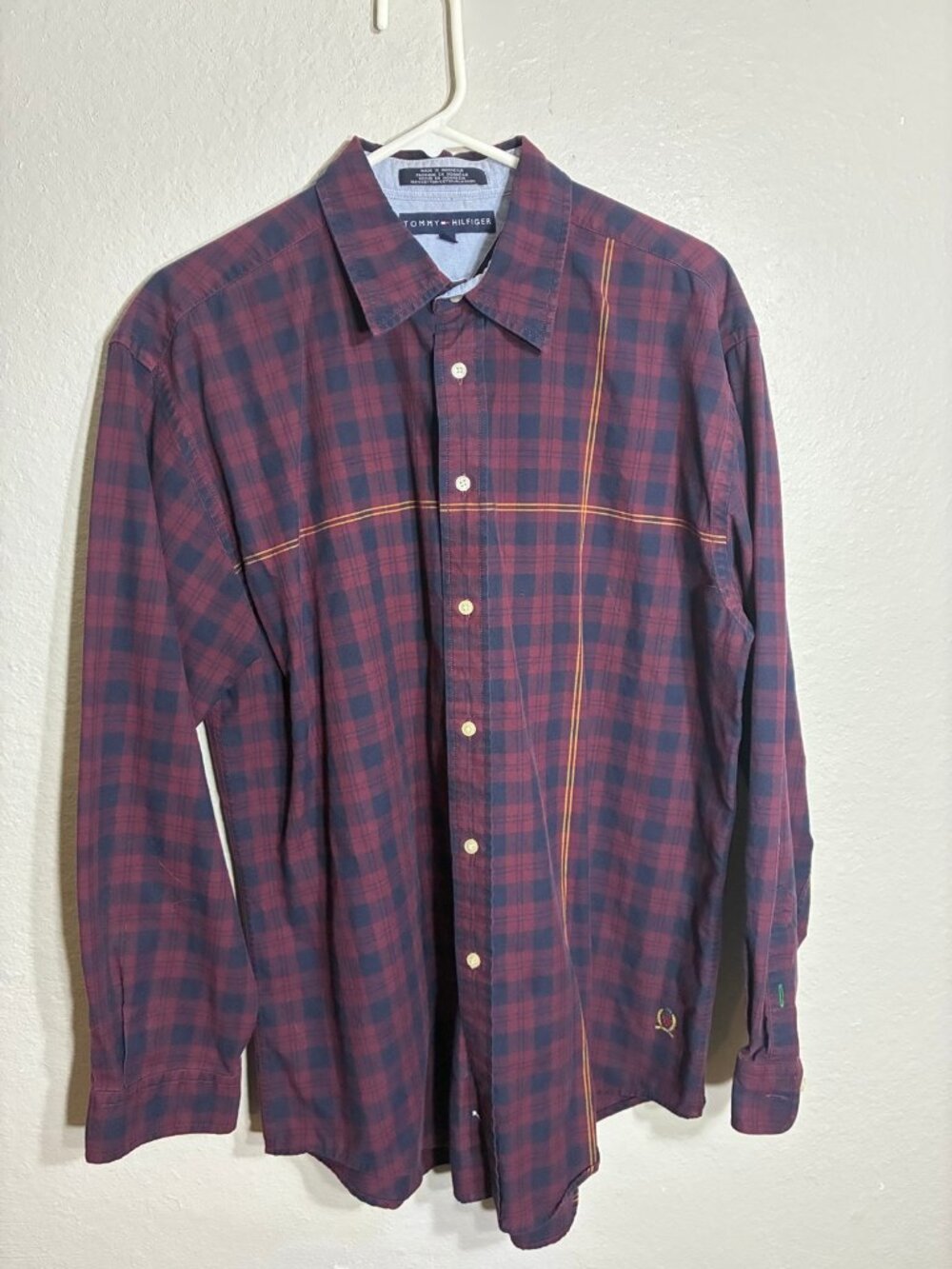 Tommy Hilfiger Plaid Button Up Shirt Mens L Maroon Navy Yellow Check