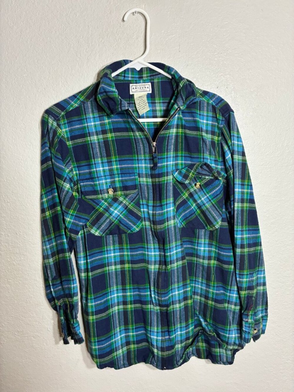 Arizona Jean Co Plaid Zip Up Shirt Jacket Mens S Blue Green Flannel