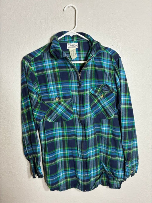 Arizona Jean Co Plaid Zip Up Shirt Jacket Mens S Blue Green Flannel