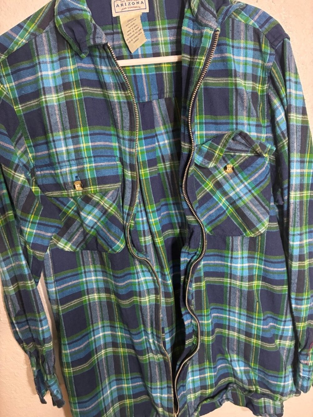 Arizona Jean Co Plaid Zip Up Shirt Jacket Mens S Blue Green Flannel