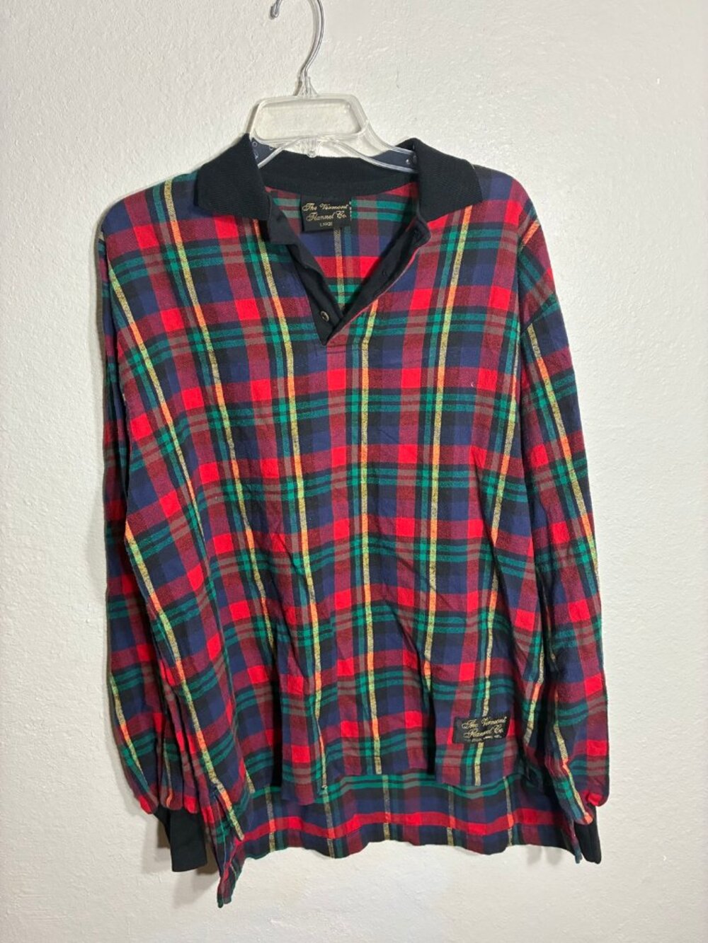 The Vermont Flannel Co Plaid Polo Shirt Mens L Red Navy Green Vintage